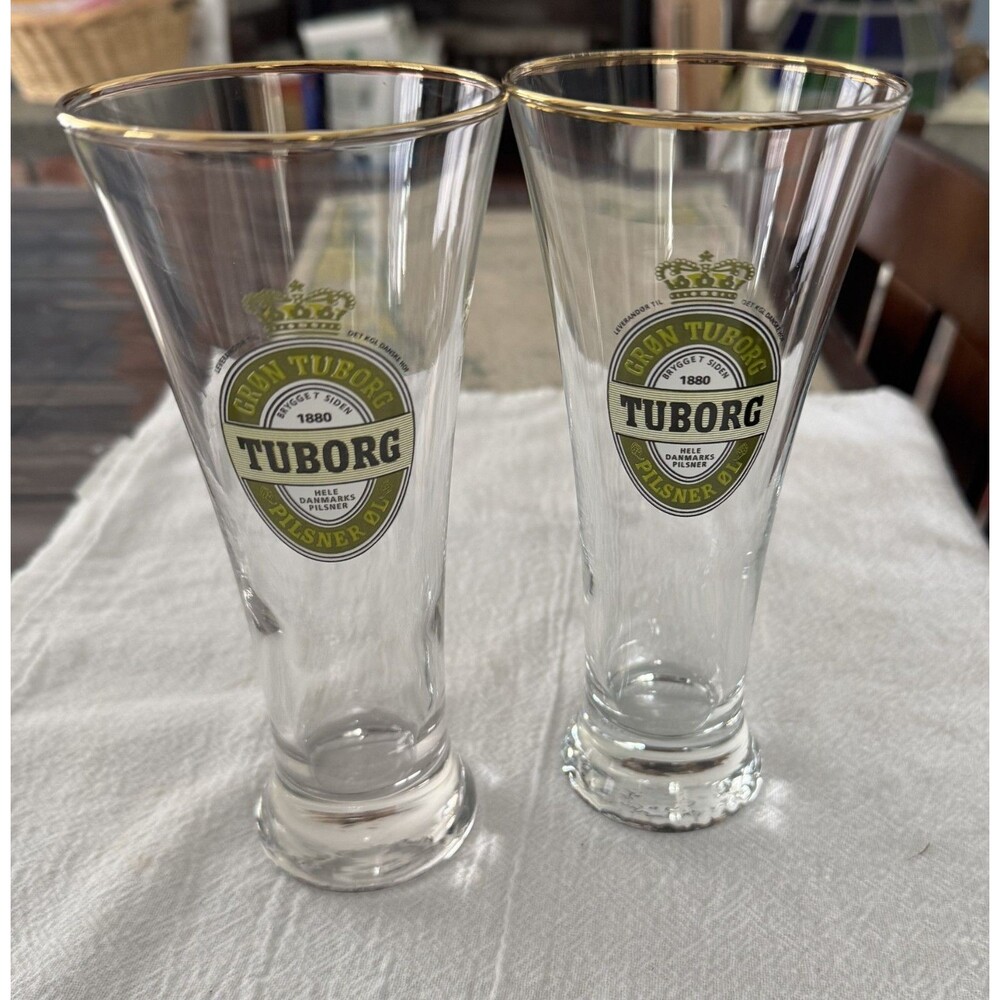 Set of 2 Grøn Tuborg Pilsner Beer Glasses Gold Rim Danish Barware Denmark